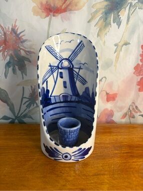 Vintage Hand-Painted Blue and White Windmill Ceramic Wall Pocket